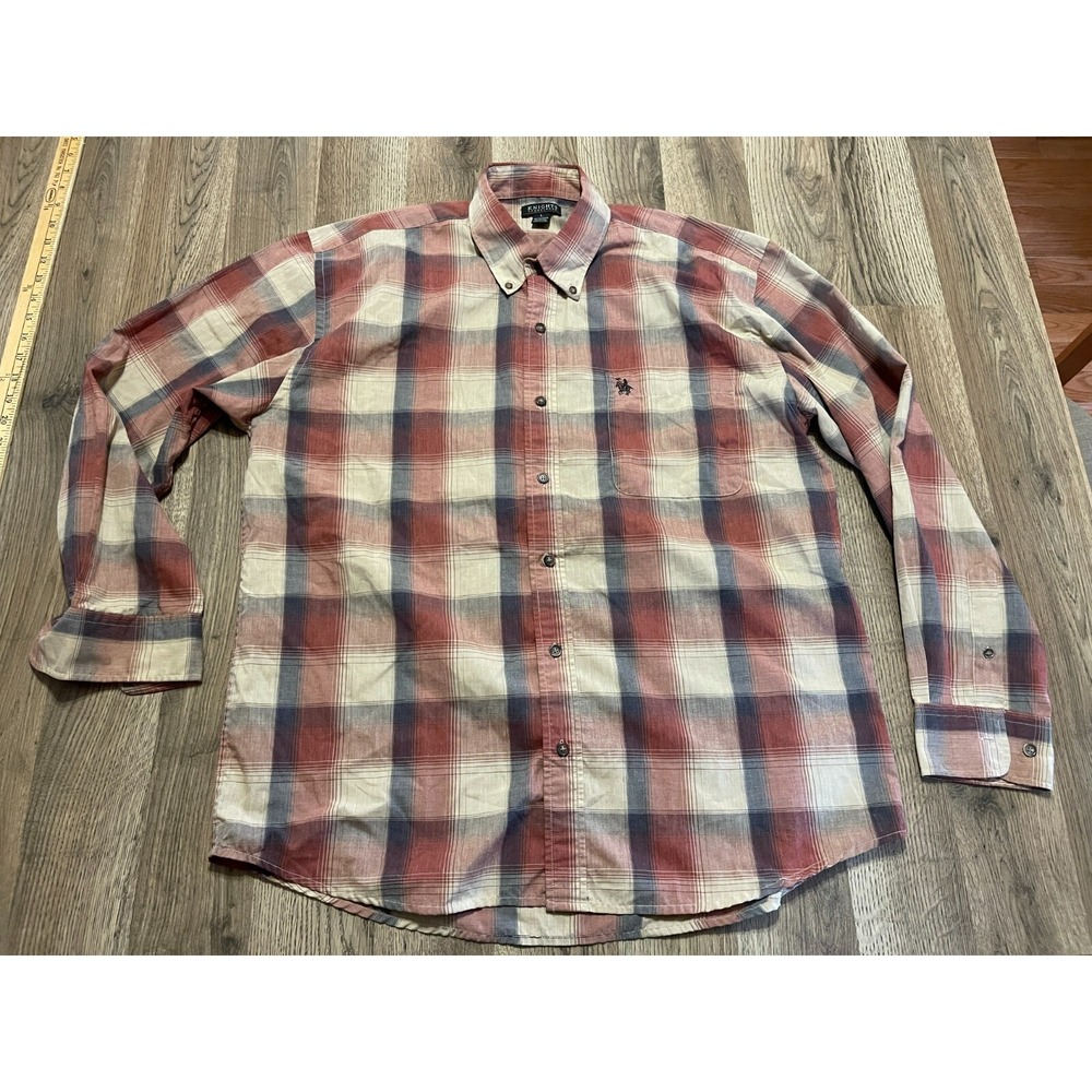 Knights Shirt, Men's Size Large, Brown Red Gray, Plaid, Button Down, Long Sleeve